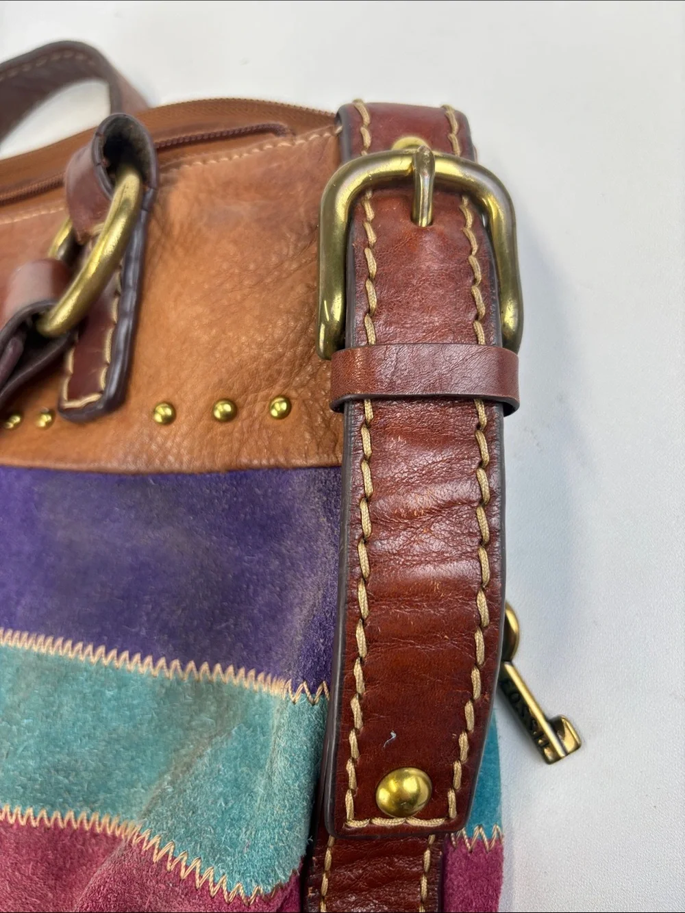 FOSSIL Leather Suede Colorful Patchwork Hobo Shoulder Bag